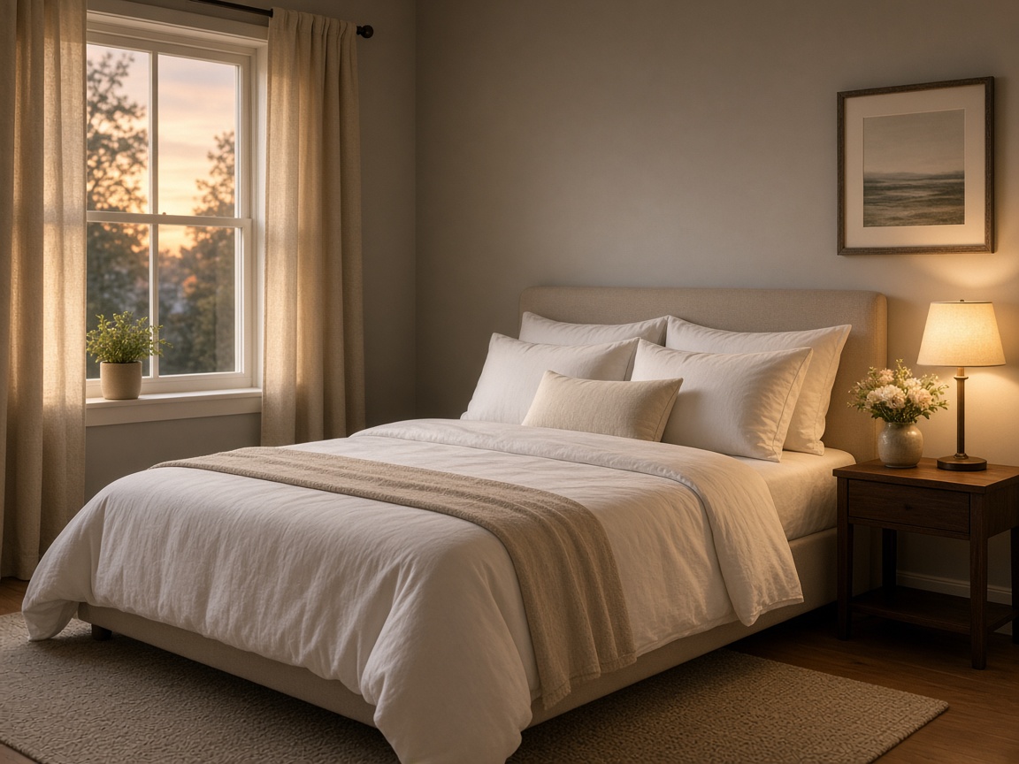 Guest bedroom with white linens and warm light
