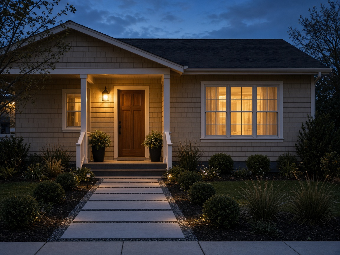 House exterior at dusk with a lit entry