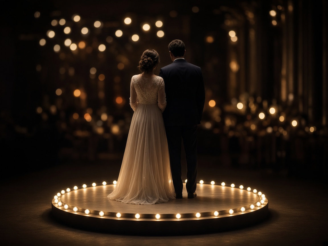 Couple on a lit platform at an anniversary party
