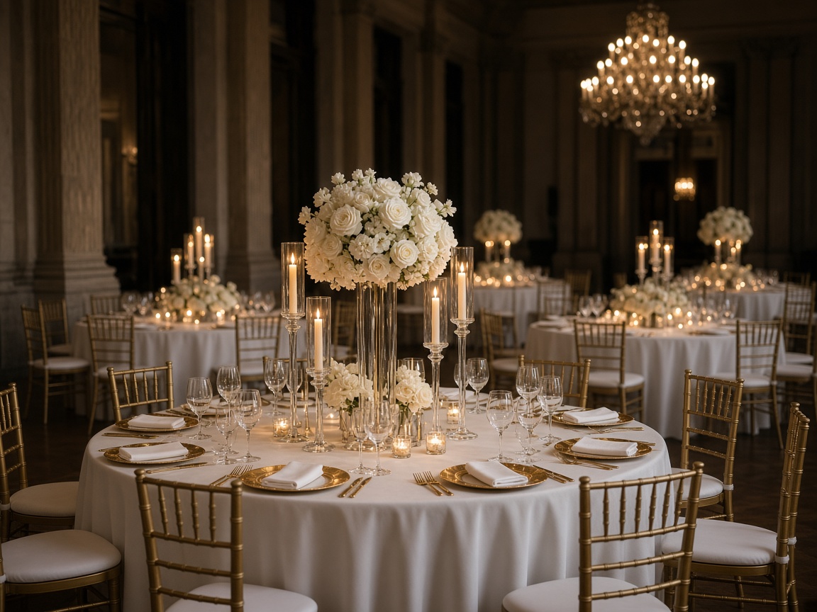 Anniversary dinner tables with candles and white roses