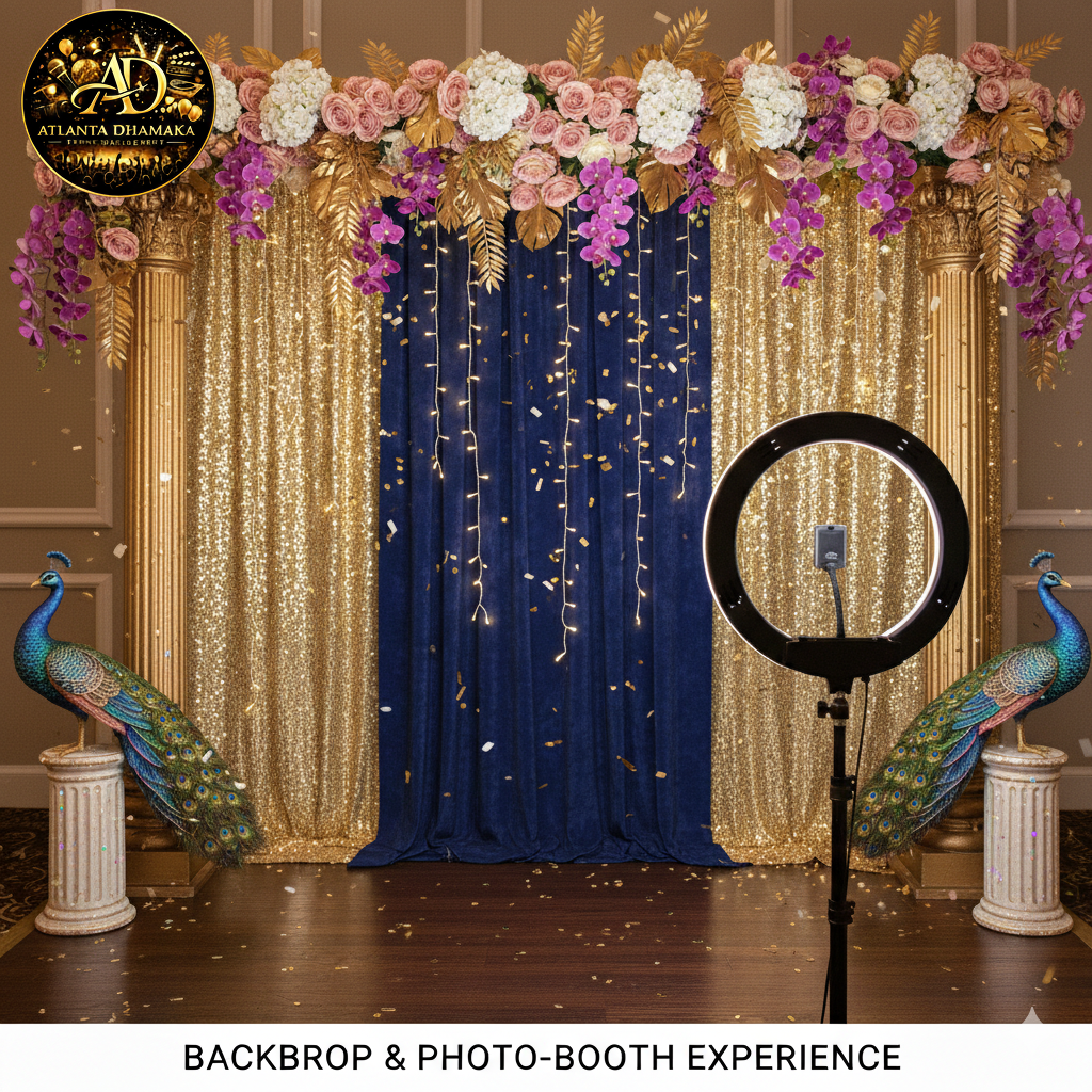 Navy and gold backdrop with flowers, peacocks, and a ring light