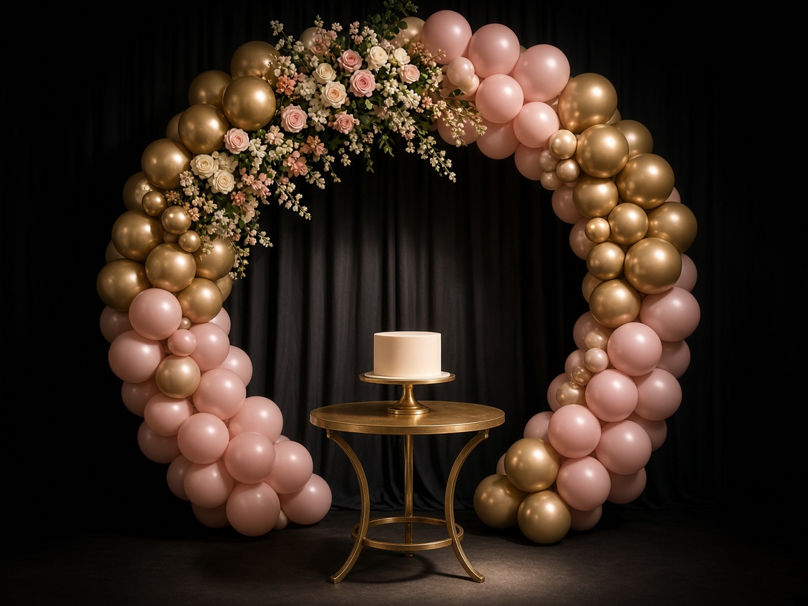 Birthday stage with a balloon arch and cake