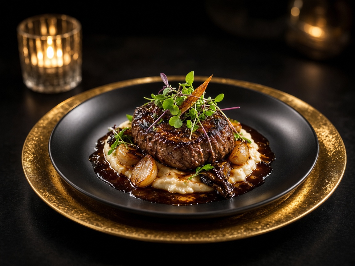 Plated dinner on a gold charger