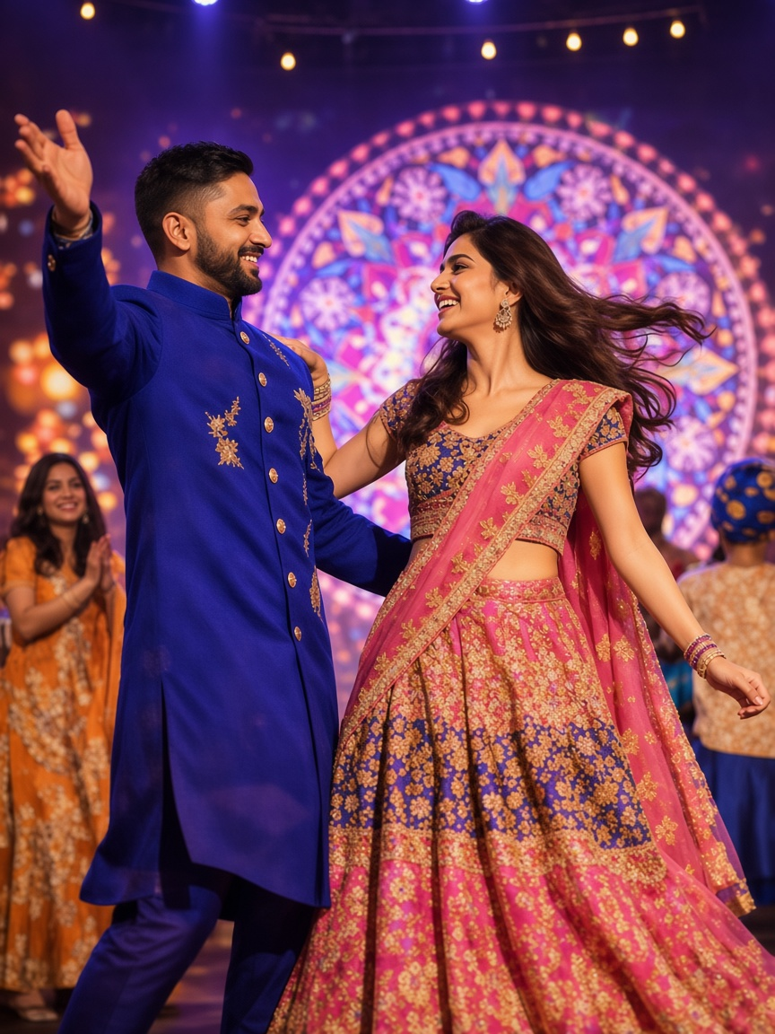 Couple dancing in traditional attire during a cultural segment