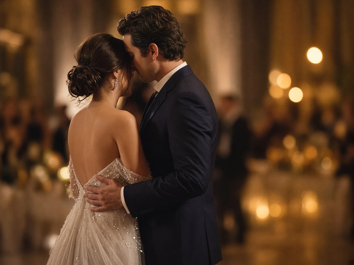 Couple dancing under warm reception lights