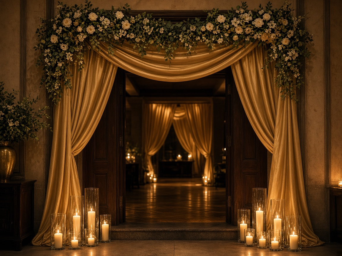 Decorated event entrance with fabric and flowers