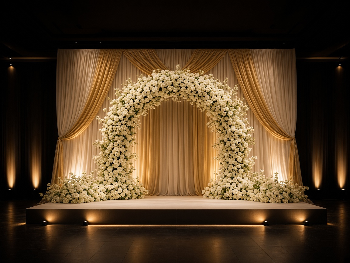 Gold and ivory stage drapes with a floral arch
