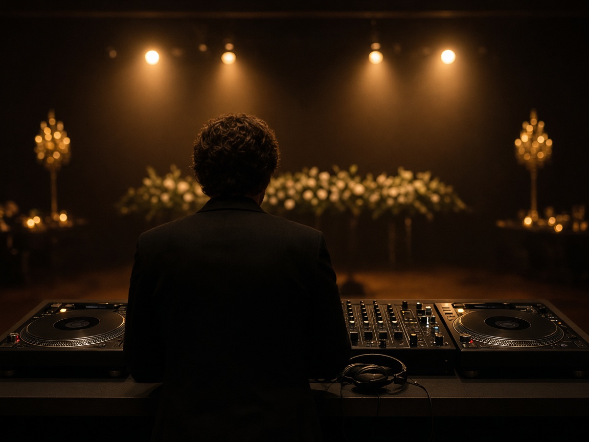 DJ booth with turntables and warm stage light