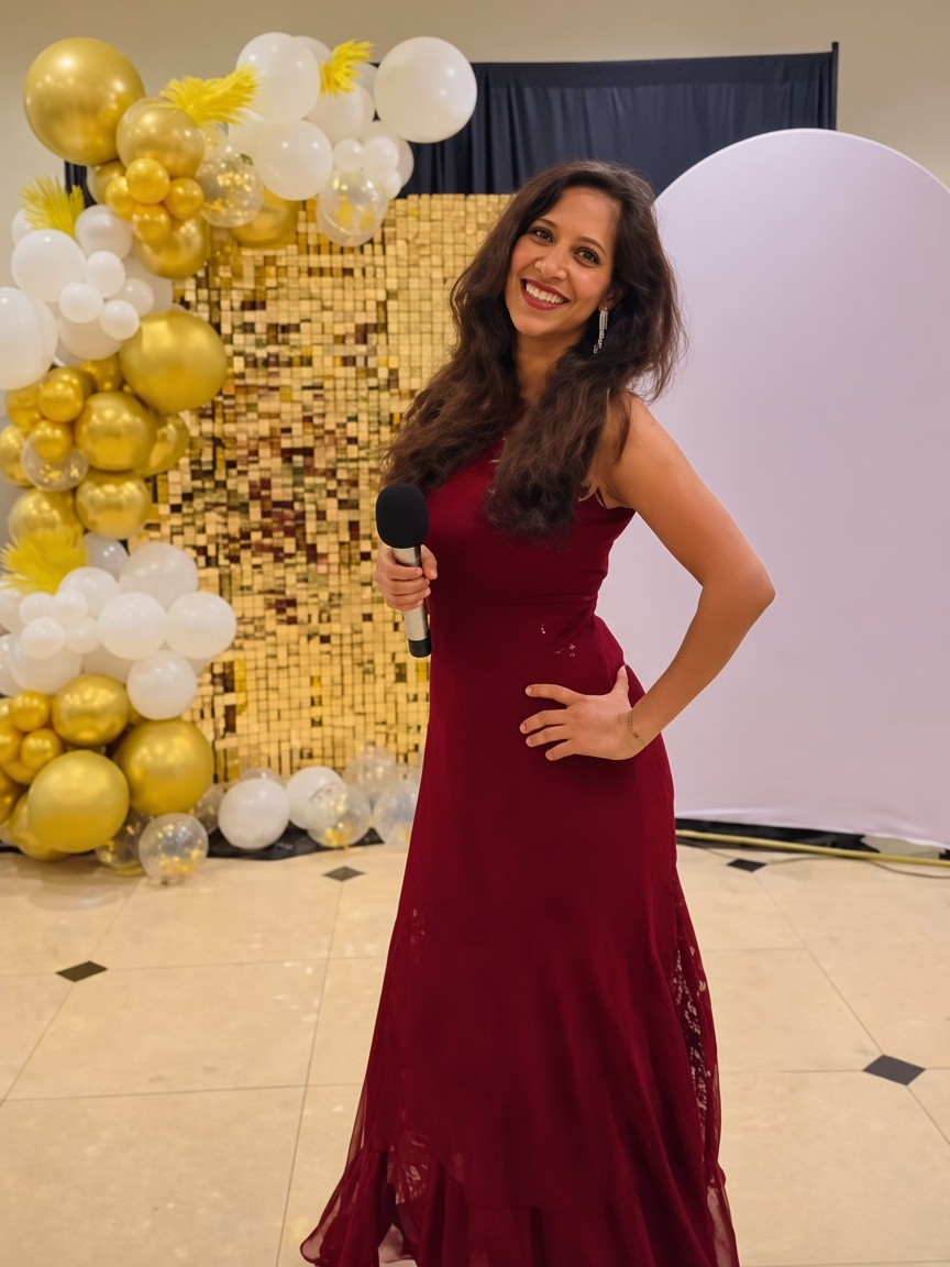 Host in a burgundy gown with a microphone beside gold balloons