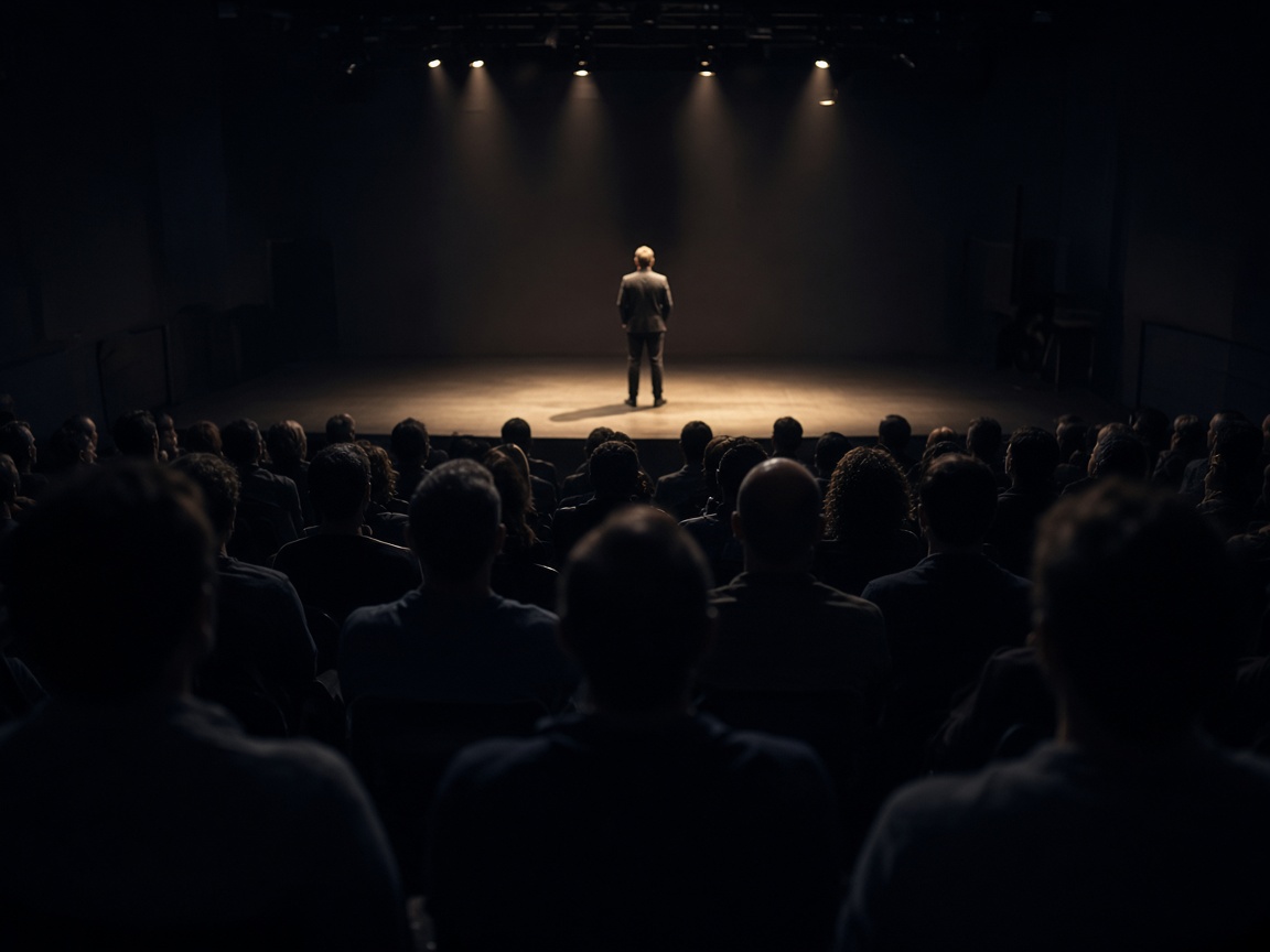 Host addressing seated guests in a hall