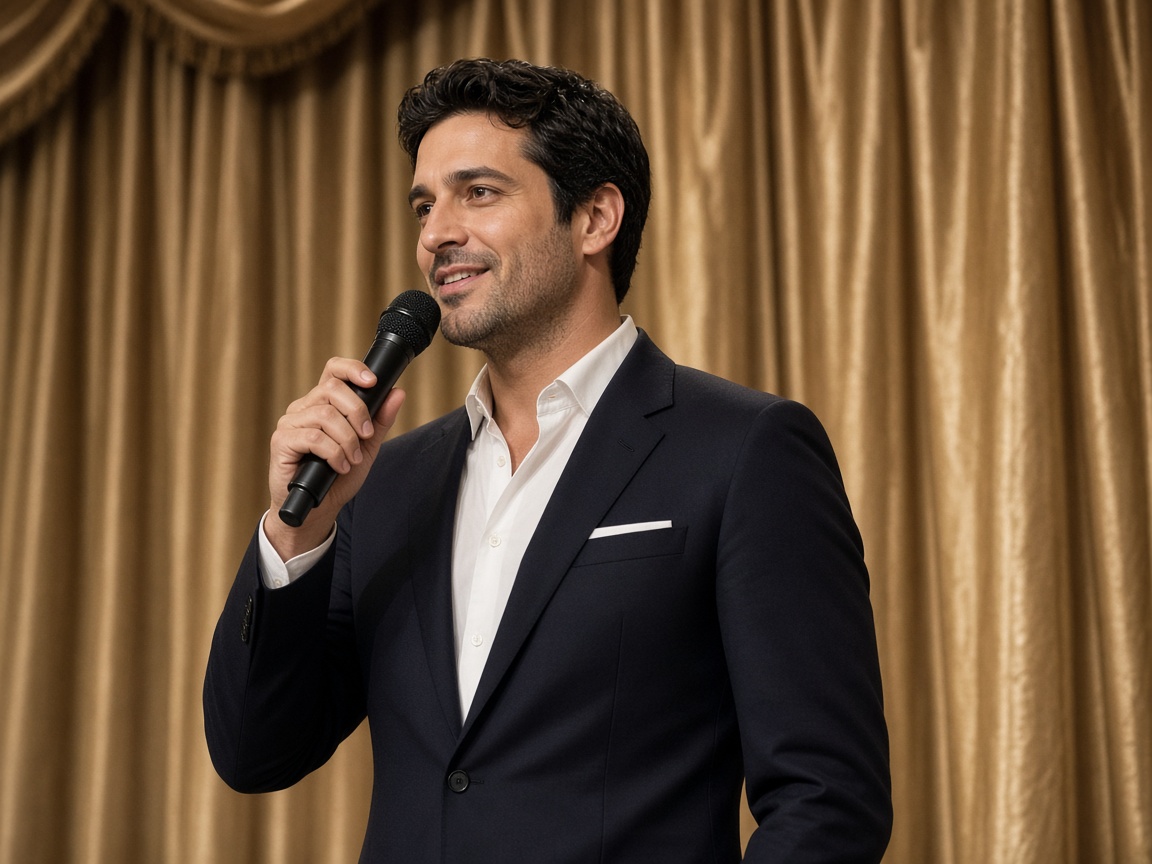 Host with a microphone on a lit stage