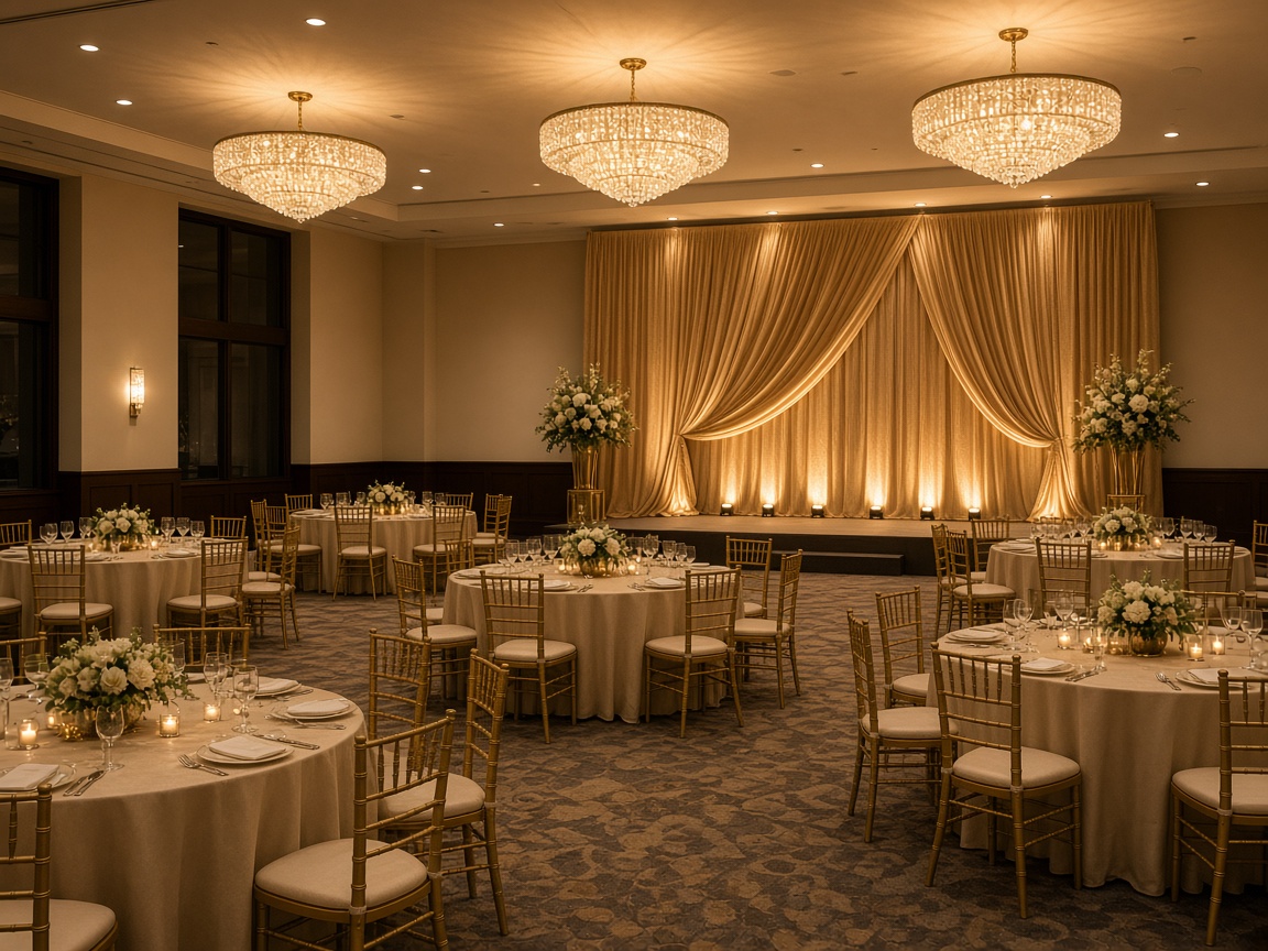 Wide view of a decorated event hall