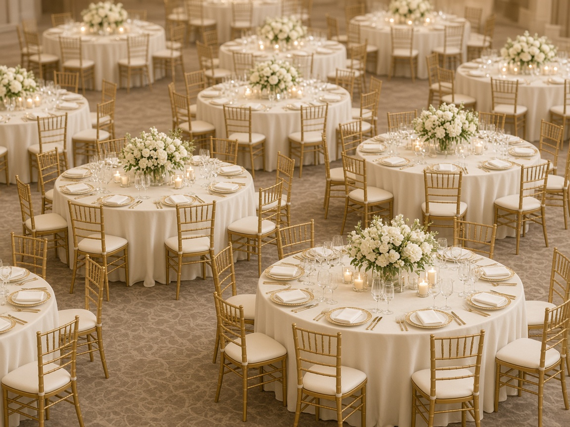 Round guest tables set in an event hall