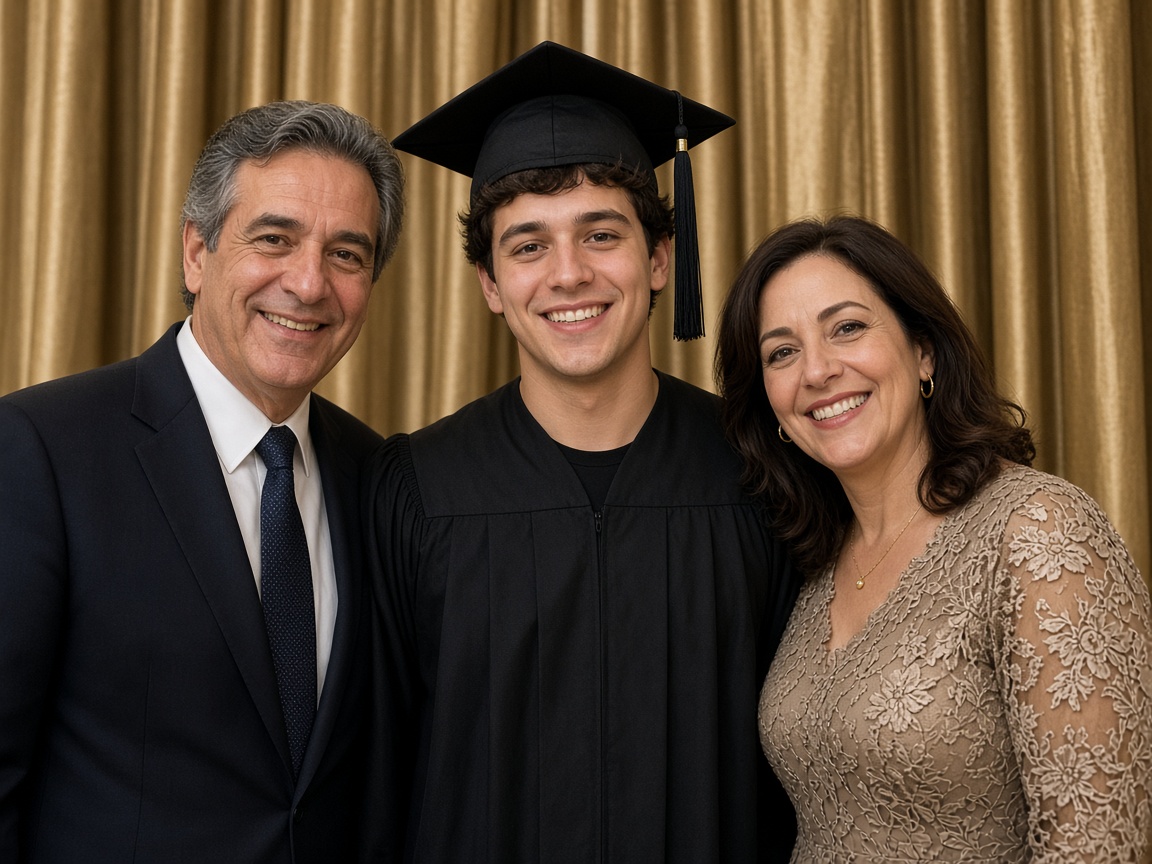 Graduate in cap and gown with family