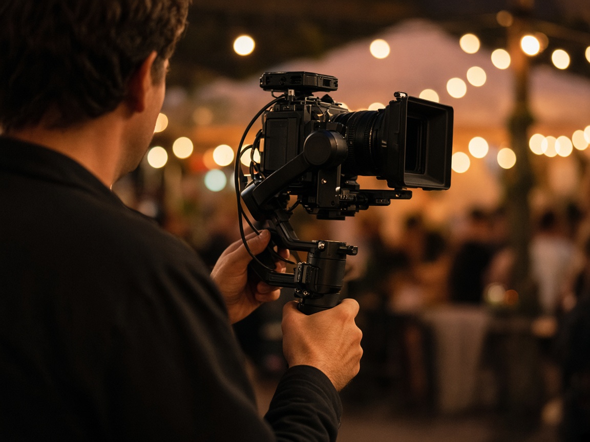 Camera on a gimbal at an evening event