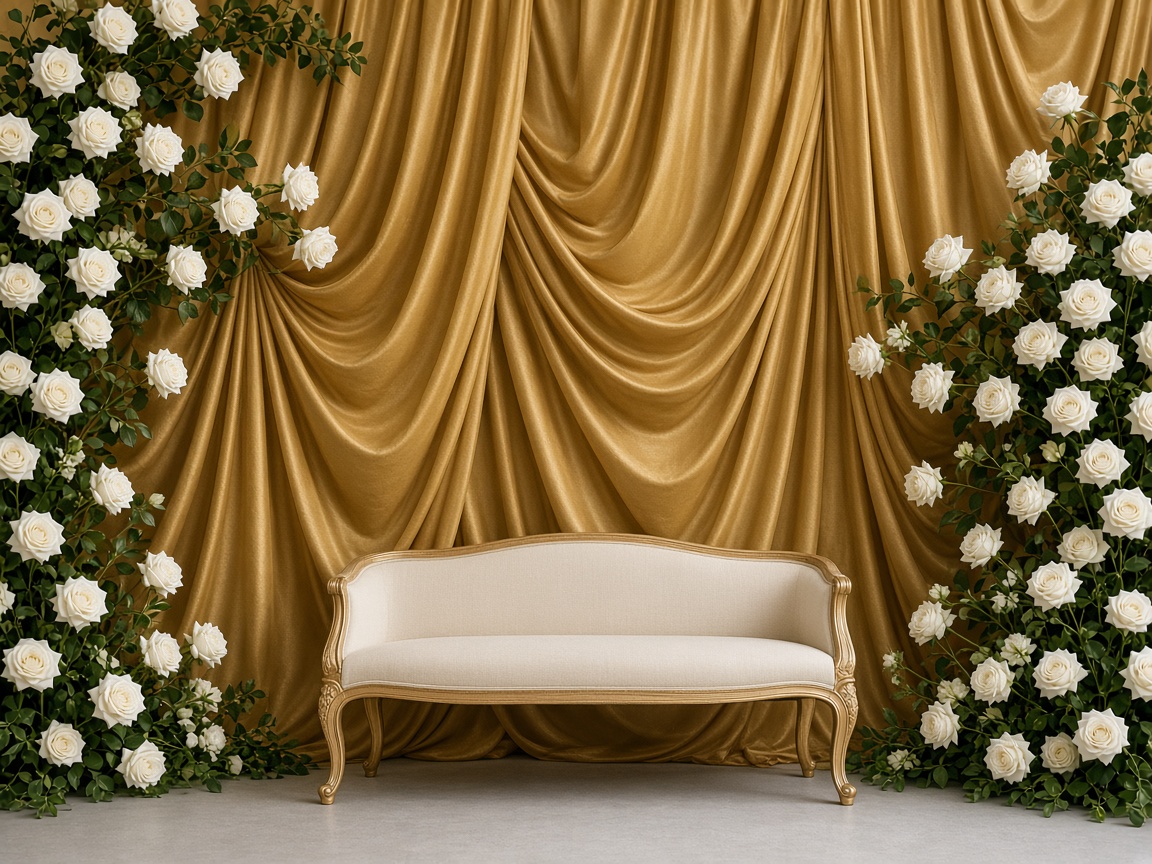 Portrait setup in front of gold drapes