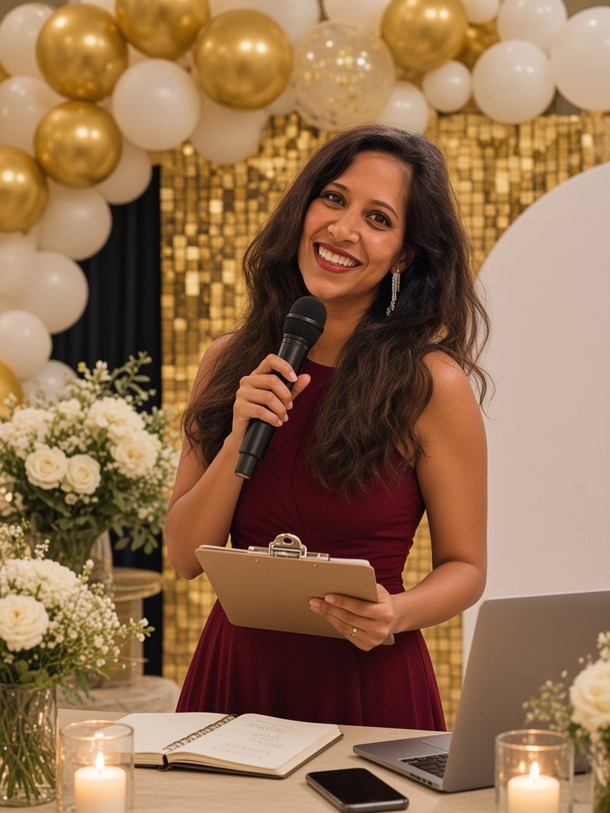 Planner with a microphone and clipboard in front of gold and white balloons