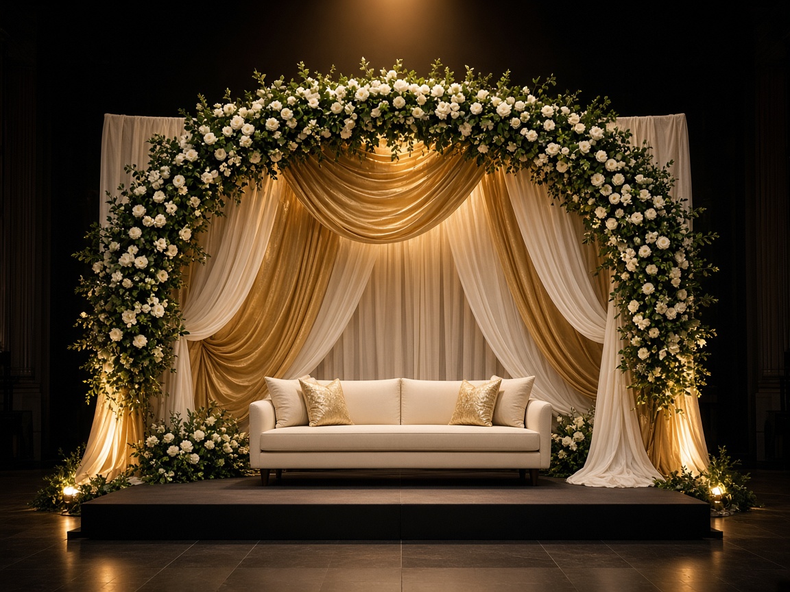 Gold and ivory wedding stage with a floral arch