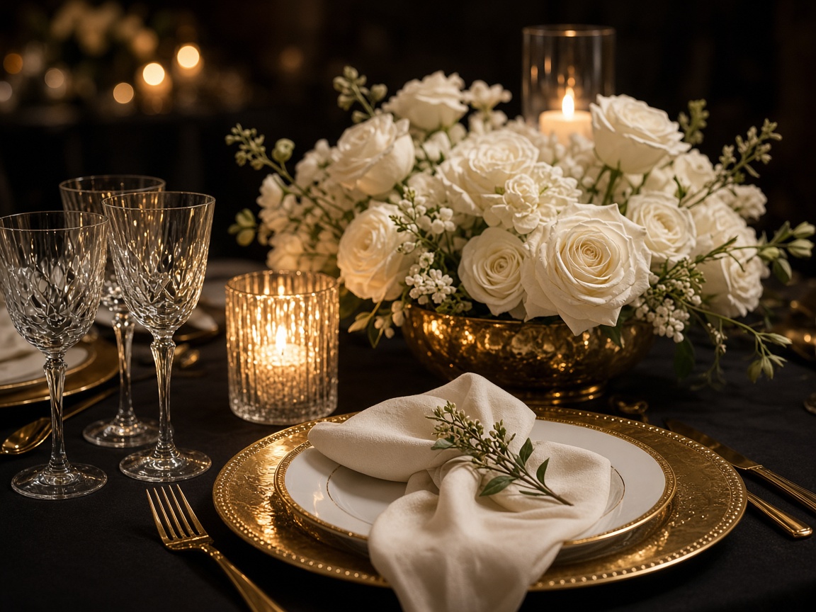 Wedding table with gold chargers and white roses